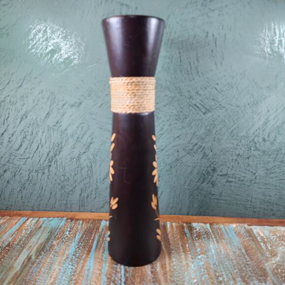 Boho Chic Hand Carved Wooden Vase with Floral Design and Jute Twine Accent - Picture 4 of 10